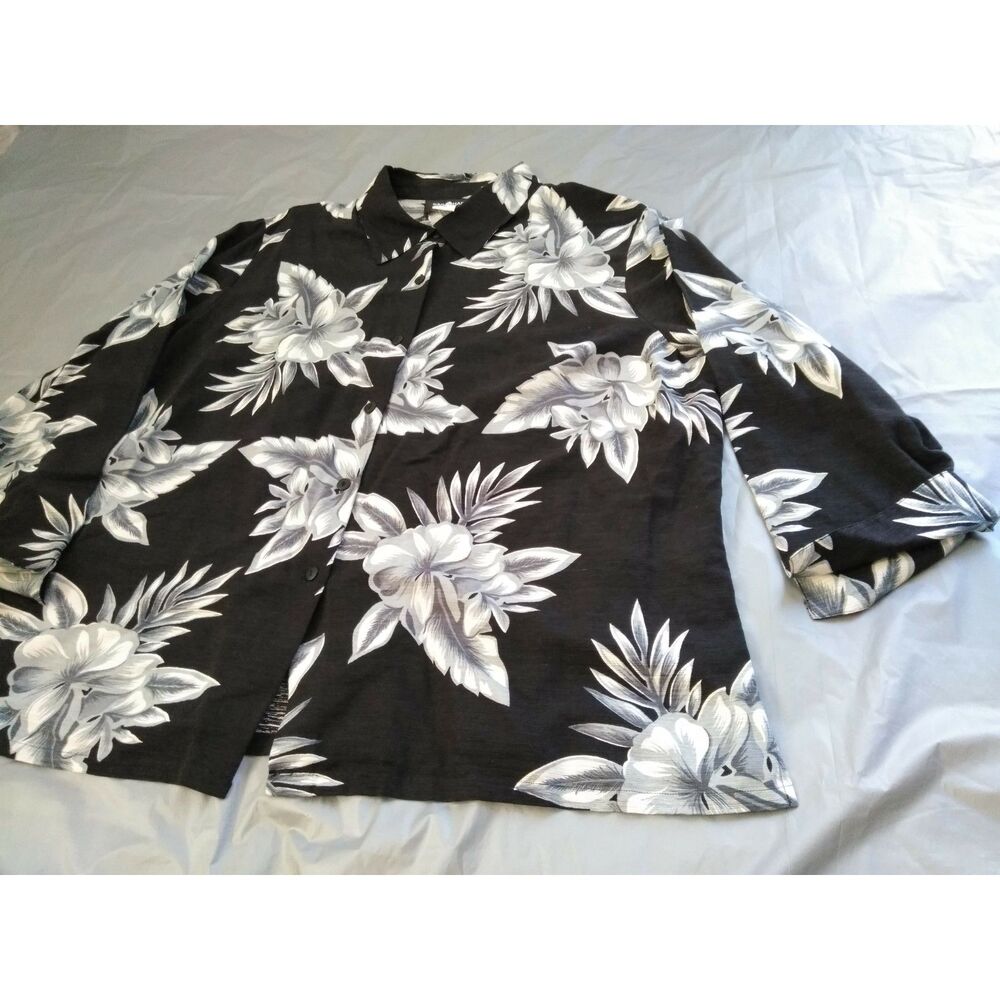 Sag Harbor Woman 100% Silk Tropical Floral Button Shirt Coastal Black White 20W